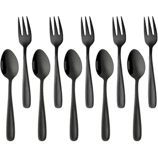 YDware Edelstahl Espressolöffel Klein Kuchengabeln Set, 10 stück Espressolöffel Dessertgabeln Set, Obstgabeln Kaffeelöffel 136mm Läng, Wiederverwendbar (Schwarz)