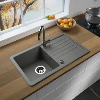LINDBERGH® Granit Spüle + kompl. Siphon und Imprägnierung mit Abtropffläche, Einbauspüle Küchenspüle Spülbecken - Verbundstoffe MADE IN GERMANY (VEL33-760 x 440 mm (Grau))