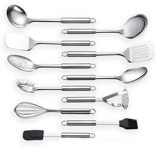 Refined Living Kochbesteck-Set 11-teiliges Edelstahl-Küchengerät Set Küchenhelfer Kochgeschirr (Spar-Set, 11-tlg.Kochzubehör, Küchenhelfer, Bestecksets zum Kochen, Hitzebständig, Langlebig, Hochwertige Konstruktion, küchenutensilien, küchengeräte, 11-tlg., Erhöhen Sie den Standard in Ihrer Küche, Leicht zu reinigen und pflegen), mit Aufhängeösen, Vielseitiges 11-teiliges Set, Silber silberfarben