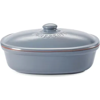 Römertopf Brottopf oval MAXI 6,5 Liter - Brotkasten Blau-Grau aus Keramik - Atmungsaktiver Tontopf für langanhaltende Frische von Brot und Brötchen