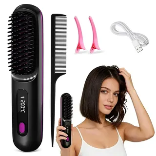 Stylingbürste für kurze haare, 3 Temperaturstufen, Neu Tragbare Glättungsbürste, Schnellaufheizung, USB Wiederaufladbar, für Reisen und Täglichen für Damen Mädchen(Schwarz)