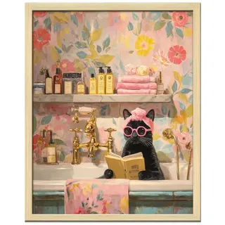 Floruvia Lustiges Elegantes Katzen Wandkunst Bild,Katzenlady In Der Badewanne Poster Leinwand Wanddekoration Für Schlafzimmer,Büro,Badezimmer(20 * 25cm, Mit Rahmen)