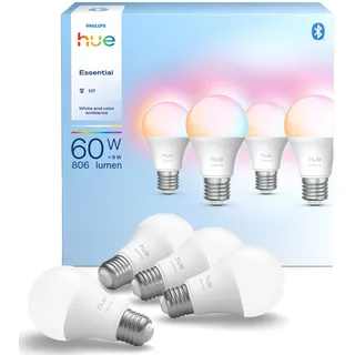 Philips Hue Essential Smart LED A60 Glühbirne,white and color, E27-Fassung, 8 W, 2200 K–6500 K, 806 lm, dimmbar, kompatibel mit Alexa, Google Assistant und Apple Home, 4er-Pack