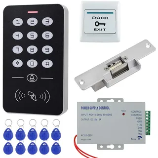 HFeng Kit Vollzugriffskontrollsystem mit elektrischem Magnetschloss + RFID Tastatur + Netzteil + 10 teiligen RFID Schlüsselanhänger (with Strike Lock)