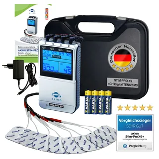 Axion axion® 4-Kanal TENS EMS Kombigerät STIM-PRO X9+ und 8 Stk 5x5 cm Elektroden-Pads, Schmerztherapie, Muskelaufbau und Massage für Bauch, Rücken, Nacken, Schulter usw. - Medizinprodukt -