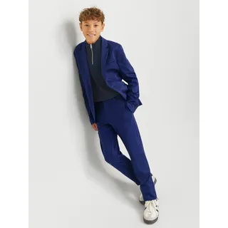 Anzug JACK & JONES JUNIOR "JJEJAXON sorgt für stylischen Look mit optimaler Passform", Jungen, Gr. 128, N-Gr, blau (medieval blau), Jersey, Obermaterial: 79% Polyester, 18% Viskose, 3% Elasthan, unifarben, slim fit, Anzüge, unifarben, modisch, slim fit, Jersey, Reverskragen