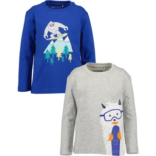blue seven Langarmshirt BLUE SEVEN, Jungen, Gr. 92, blau (blau, graumeliert), Single Jersey, Obermaterial: 100% Baumwolle, bedruckt, meliert, regular fit normal, Rundhals, abgesteppte Kante, Shirts Langarmshirt, mit großen Comic-Frontmotiven