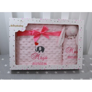 BotoBaby ★ GESCHENKSET Babydecke mit Namen und Datum Bestickt + Schmusetuch ★ Geschenk ★Geburt ★ Taufe ★ (Set 2)