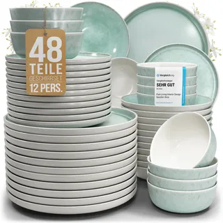 Steingut Geschirrset 12 Personen Ibiza 48 tlg. Traumhaftes Mediterranes Steingut Geschirr Set, Schüssel- und Teller Set, Tafelservice 12 Personen, Geschirrsets Pure Living in Türkis