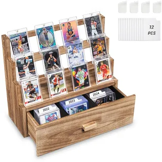 Emfogoo Sammelkarten Display Ständer mit Schublade, 3-stufige Holz Sammelkarten Aufbewahrung mit Kartenhalter und einstellbaren Fächern, Kartenhalter Display für Sportkarten(Rustikal Braun)