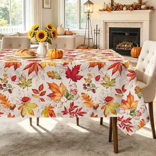 hometrixx Herbst Tischdecke Retro Vintage Blätter Ahornblätter 140x200cm | Tischdecken Abwaschbar,Fleckabweisend,Pflegeleicht,Polyester Tischtuch Rechteckig,für Party Picknick Abendessen Küche Dekor