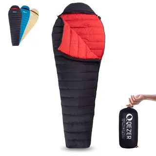 QEZER Sommer Schlafsack,nur 730g Ultraleicht Daunen Schlafsack Kleines Packmaß für Kind,Jungen und Mädchen,Erwachsener Camping,Trekking Outdoor (Schwarz 16°C)