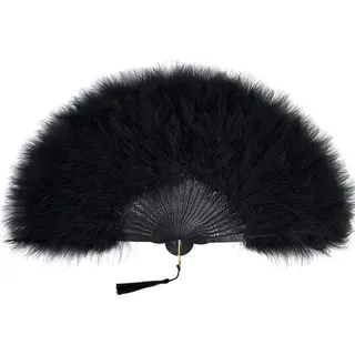 SHTGOI Federfächer Vintage Faltbarer Handfächer Mit Quasten Elegante Tanz-Handfächer Damen Feder Fächer Faltfächer für Mottoparty Hochzeit Abschlussball Alles Schwarz