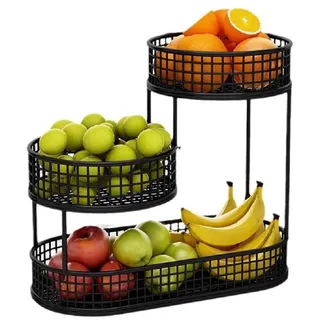 JUNYFFF 3 Etagen Obstkorb, Obst Etagere Für Die Arbeitsplatte Küche, 3 Stöckig Obstschale Metall, Dekorativer Obstkörbe Ufbewahrung Für Obst, Gemüse, Brot, Snacks,Schwarz