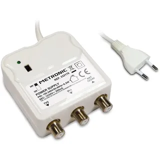 METRONIC 332170 Verstärker für den Innenbereich mit Verstärkungseinstellung, 2 TV-Ausgänge 9,52 mm – Stromversorgung 12/24 V für TV-Verstärker – Netzteil, Weiß