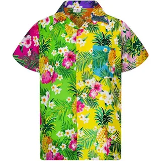 King Kameha Hawaiihemd Pineapple Flowers Kids Funky Hawaii-Hemd Kinder Kurzarm Front-Tasche bunt 4 Jahre
