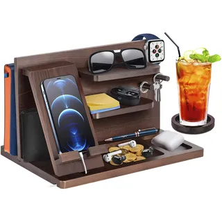 Geschenke für Männer Weihnachten Holz Telefon Dockingstation Uhren Geldbörsen Nachttisch Organizer Geburtstag Geschenk Papa, Geburtstagsgeschenke für Männer oder Vater Schreibtisch Organizer Holz