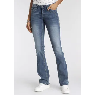 Arizona Bootcut-Jeans »mit Keileinsätzen«, ausgestellte Beinform, niedrige Leibhöhe, elastisches Material Gr. 100 - L Gr, mid blue use, , 91034658-100 K + L Gr