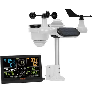 VEVOR 7-in-1 Wetterstation Funkwetterstation mit Außensensor 7,5" Farbdisplay RCC-Atomuhr zur Messung von Windrichtung Windgeschwindigkeit Luftdruck Innen/Außentemperatur und -feuchtigkeit Mondphase