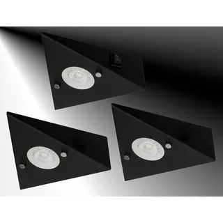Trango 3er Set 6740-35 Küchen-Unterbauleuchte in Matt-Schwarz *COOK* Einbauleuchte - Einbaustrahler inkl. 3x 4,8 Watt LED Modul 3000K warmweiß Dreieckleuchte – Küchen-Schrankleuchte 230V erweiterbar