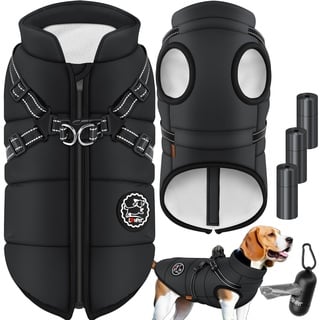 Lovpet LOVPET® Hundejacke Hundemantel mit Geschirr, inkl. 45 Stück Kotbeutel + Spender, Hunde Winterweste gefüttert wasserdicht, Gepolsterte Weste Mit Brustgurt, Reflektoren, D-Ring