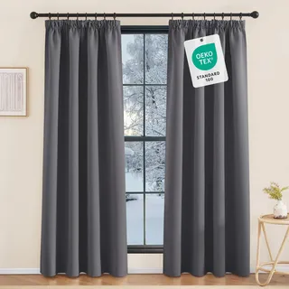KGORGE Thermovorhang Kälteschutz Kräuselband Wohnzimmer Grau 2er Set 220 x 140 cm(HxB) Gardinen Blickdicht für Schienensystem Thermo Vorhänge Lichtundurchlässig Verdunkelungsvorhang