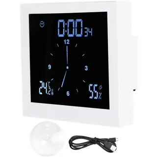 Badezimmer Uhr, Digital Badezimmeruhr Wanduhren mit LED Display Wasserdicht Dusche Uhr Baduhr mit Luftfeuchtigkeit Temperatur, Countdown und Alarmfunktion(Weiß)