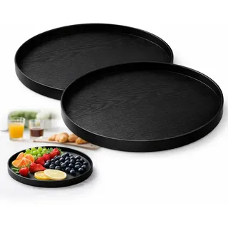 KIJUK 2 Stück Deko Tablett Rund 30cm, Großes Dekotablett Schwarz mit Anti-Rutsch Pads, Tablett Rund für Tisch Deko & Servieren, Stilvolles Deko Tablett für Wohnzimmer Küche Bar Restaurant