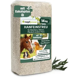 napfpower Hanfeinstreu (14 kg) mit Eukalyptus für Hühner, Kleintiere & Pferde – staubarmes Hanfstreu für Hühner & Pferde – extrem saugfähiges & kompostierbares Hanf Einstreu für Tierställe