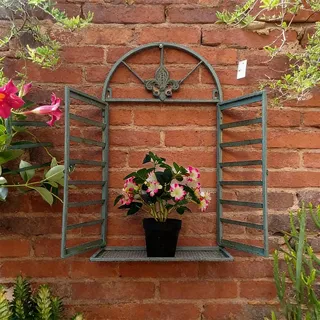 BOOMLATU Rustikale Deko-Fenster mit Bogen zum Öffnen Sprossen-Fenster auf Platte Scheunenfenster Fensterrahmen Fensterladen Fenster Attrappe Metall Eisen Wanddekor für Gartendeko (Antik Grün)