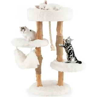 Costway Kratzbaum Holz, Katzenbaum mit Hängematte & Sisalseil & Plüschsitzflächen, Katzenturm mit Kratzpfosten aus Jute, Katzenmöbel Massivholz, Weiß