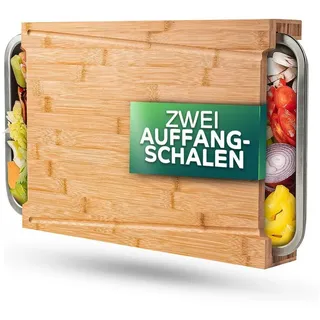 Sidorenko Schneidebrett Bambus Schneidebrett mit Auffangschalen - 43x30x7cm groß, Bambus, (Küchenbrett aus Bambus mit 2 Schalen aus Edelstahl), Schneidebrett Holz