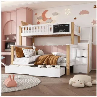 Flieks Etagenbett, Kinderbett mit Tafel Treppe Schubladen 90x200cm+140x200cm beige