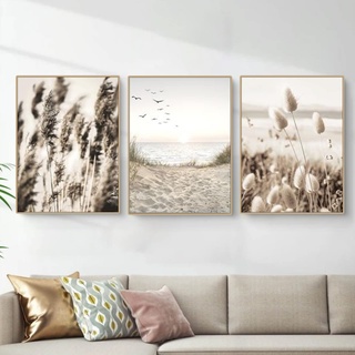 EXQUILEG 3er Poster Set Wandbilder Boho Beige Natur Pampasgras Bilder Modern Bilder Deko Wanddeko, Vintage Bilder Deko für Wohnzimmer Schlafzimmer-Ohne Rahmen Beige Poster Set (50 x 70 cm)