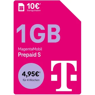 Telekom MagentaMobil Prepaid S 1GB+Telekom Flat, 50 Freimin in andere Netze | 5G/LTE Max | 10 EUR Startguthaben | Flat für Min. & SMS ins Telekom Netz | 50 Freiminuten in alle anderen dt. Netze