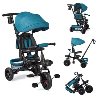6 In 1 Baby Dreirad Kinderdreirad Mit Schubstange, Kinderdreirad für 9 Monate Bis 5 Jahre Mit Umkehrbarem Sitz, Ausklappbarem Verdeck Mit Sonnenschutz, Kinderwagen Faltbar, Babyfahrrad