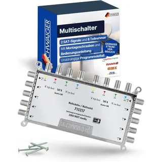 SCHWAIGER 5217 SAT Multischalter 2 auf 8 I SAT-Verteiler für 8 Teilnehmer I 8-Fach Verteiler für 2 Satellitensignale I energieeffizient & zuverlässig I Satelliten-Multiswitch aus Aluminium