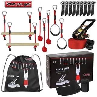 Alpidex Ninja Line Set für Jugendliche und Erwachsene mit Ringen Seilknoten 7 Jahre Garantie auf Material*