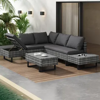 Merax Polyrattan Lounge,Gartengarnitur Lounge,Gartenmöbel Set: Poly-Rattan-Sofa für 4-5 Personen mit verstellbarem Relaxsessel, Flexibler Anordnung Grau