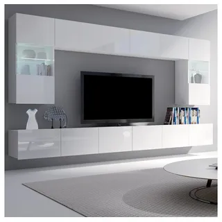 Lomadox Wohnwand Anbauwand weiß Hochglanz 6-teilig Modern, mit 2 TV-Lowboards, 2 Hängevitrinen mit Beleuchtung, 2 Hängeschränke