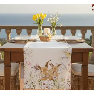 KAMACA Tischläufer Ostern & Frühling – 40x140 cm – Motiv Hasen auf der Blumenwiese – Bunter Oster-Tischläufer waschbar – Dekorative Tischwäsche für Küche & Wohnzimmer