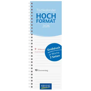 Korsch Verlag Tischkalender Hochformat Großdruck 2026: Bürokalender mit extra großen Zahlen im Hochformat 10,5 x 29,8 cm. 1 Woche 2 Seiten.