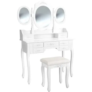 Tectake tectake® Schminktisch, im Antik-Look, mit gepolstertem Hocker, 7 Schubladen, 90 x 40 x 145 cm