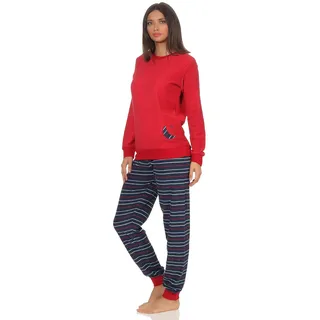 RELAX by Normann Damen Frottee Pyjama mit Bündchen - Hose gestreift, Top mit Mond und Stern Applikation, Farbe:rot, Größe2:40/42 - 40