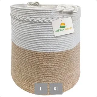 wiesen.design Korb KNUT Ø41xH46 cm Hellbraun/Weiß/61L, Wäschekorb geflochten aus Baumwolle, Wäschesammler, Aufbewahrungskorb groß, Korb geflochten, faltbarer Wäschekorb, Wäschetonne, laundry basket