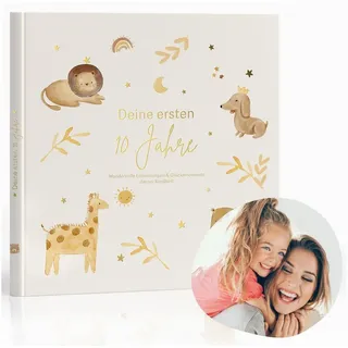 MeinBaby123 MeinBaby123® Kinderalbum Deine ersten 10 Jahre hochwertig vergoldet, Erinnerungsalbum, Geschenk zur Geburt, Fotoalbum Kinder, Tagebuch Kinder, Album Erinnerungsbuch, Geschenk Kind