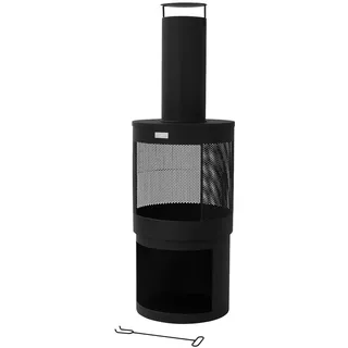 ML-Design Gartenkamin rund 131x45 cm aus Stahl, mit Schornstein, Dach, Schürhaken & Holzablage, Outdoor Terrassenofen/Feuerkorb