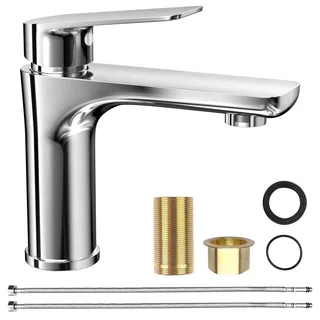 WinGluge Waschtischarmatur mit Anschlussschlauch, Mischbatterie Waschbecken Wassersparend, Badarmatur, Waschbecken Armatur, Wasserhahn Bad mit Auslauf Höhe 9cm, Einhand-Waschtischbatterie, Chrom