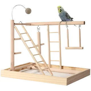 JasCherry Vogel Spielplatz Papagei Spielplatz Holz Gym Vogelständer Barsch Turnhalle Leiter Laufgitter Spielzeug Übungsspiel für Wellensittiche Nymphensittich mit Tablett Schaukel #C