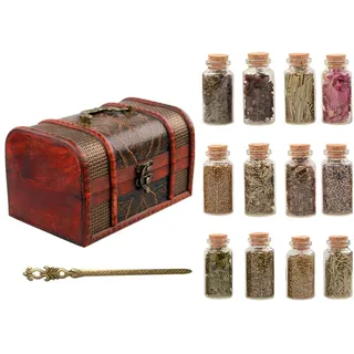 Pentagramtree Kräuter Set im Vintage Holzkoffer – 100% Reine Naturkräuter getrocknet im Glas mit Korken & Zange – Geschenkbox für Rituale, DIY, Hexen, Aromatherapie, Deko (12er Kräuterset)